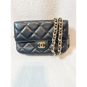 Chanel Mini Quilted Lambskin Chain Crossbody Bag Black Gold Hardware COA